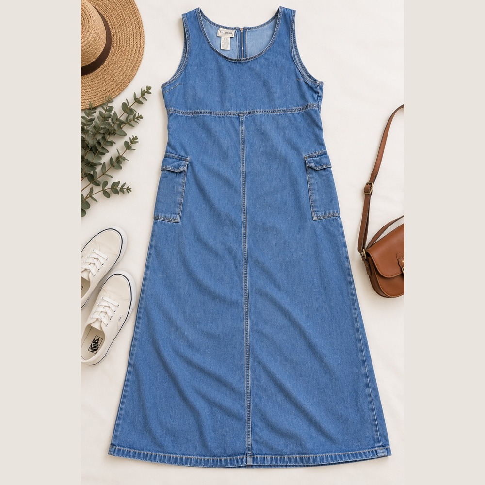 Y2K Vintage Faded Glory Denim Jumper Dress XL Blue Cargo Maxi Modest Cottagecore